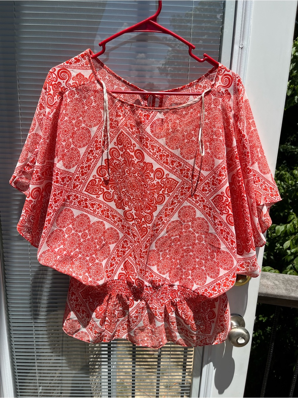 Elle Red and White Patterned Flutter Sleeve Peasant Top